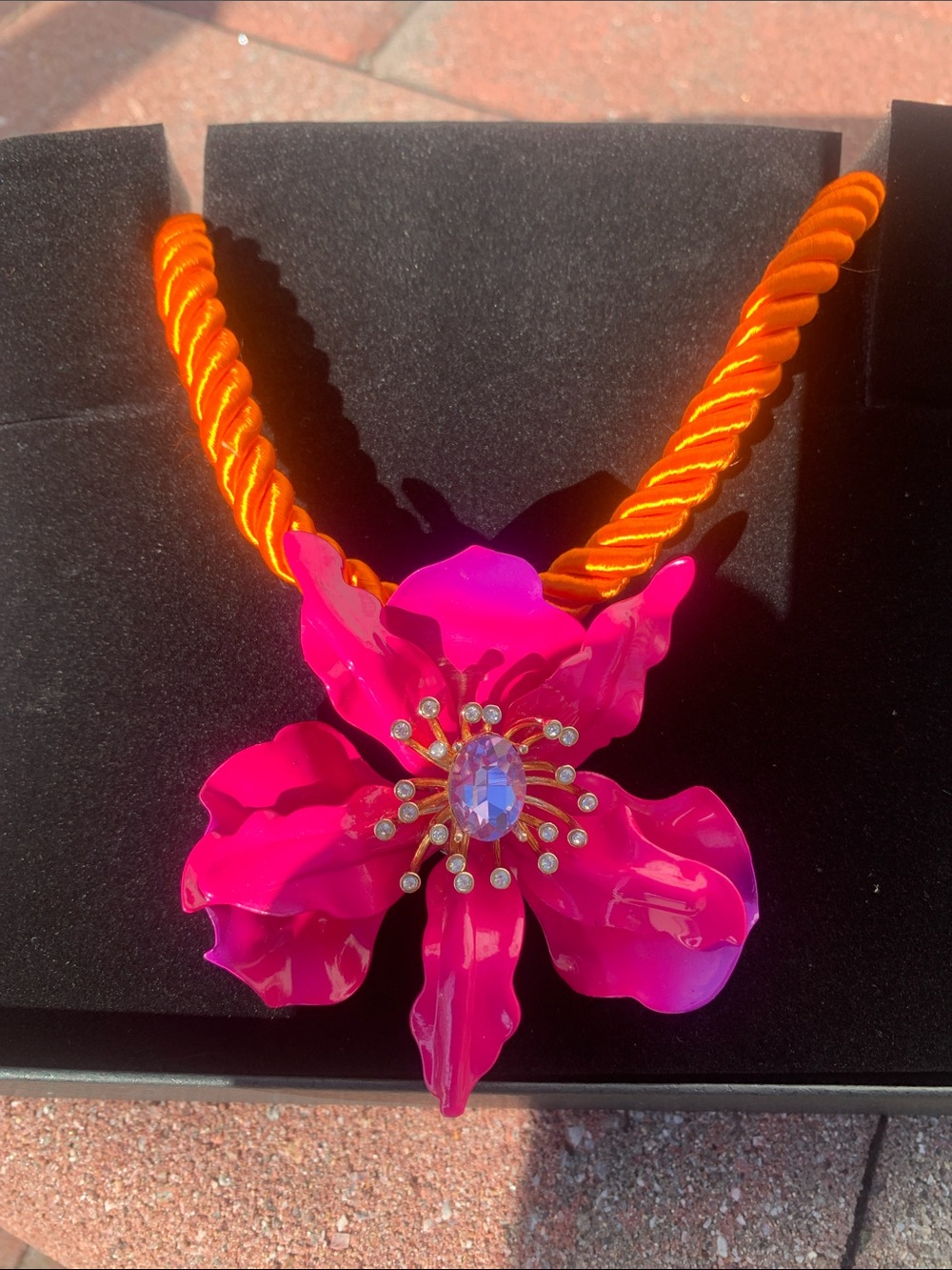 🆕- Statement Pink Floral Pendant Necklace with Orange Cord By BETSEY JOHNSON